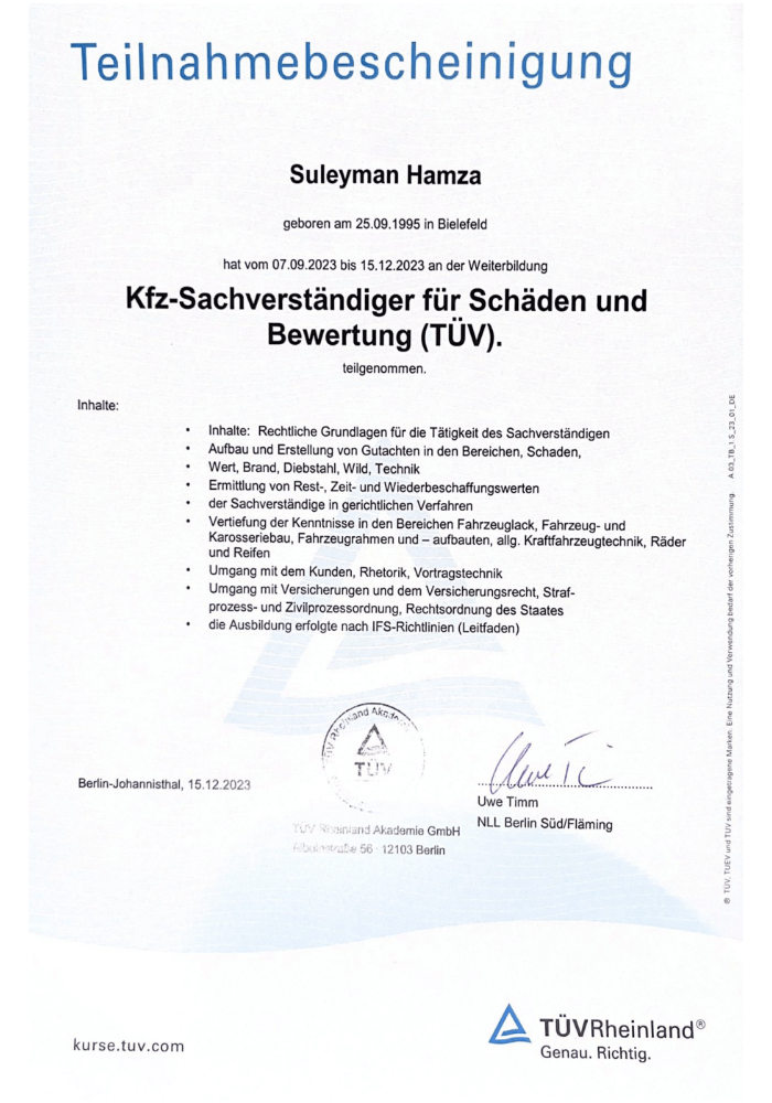 TÜV-Bescheinigung KFZ-Sachverständiger