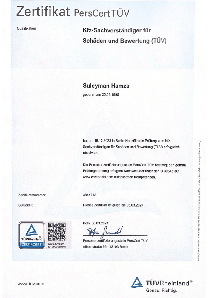 TÜV-Zertifikat PersCert KFZ-Sachverständiger